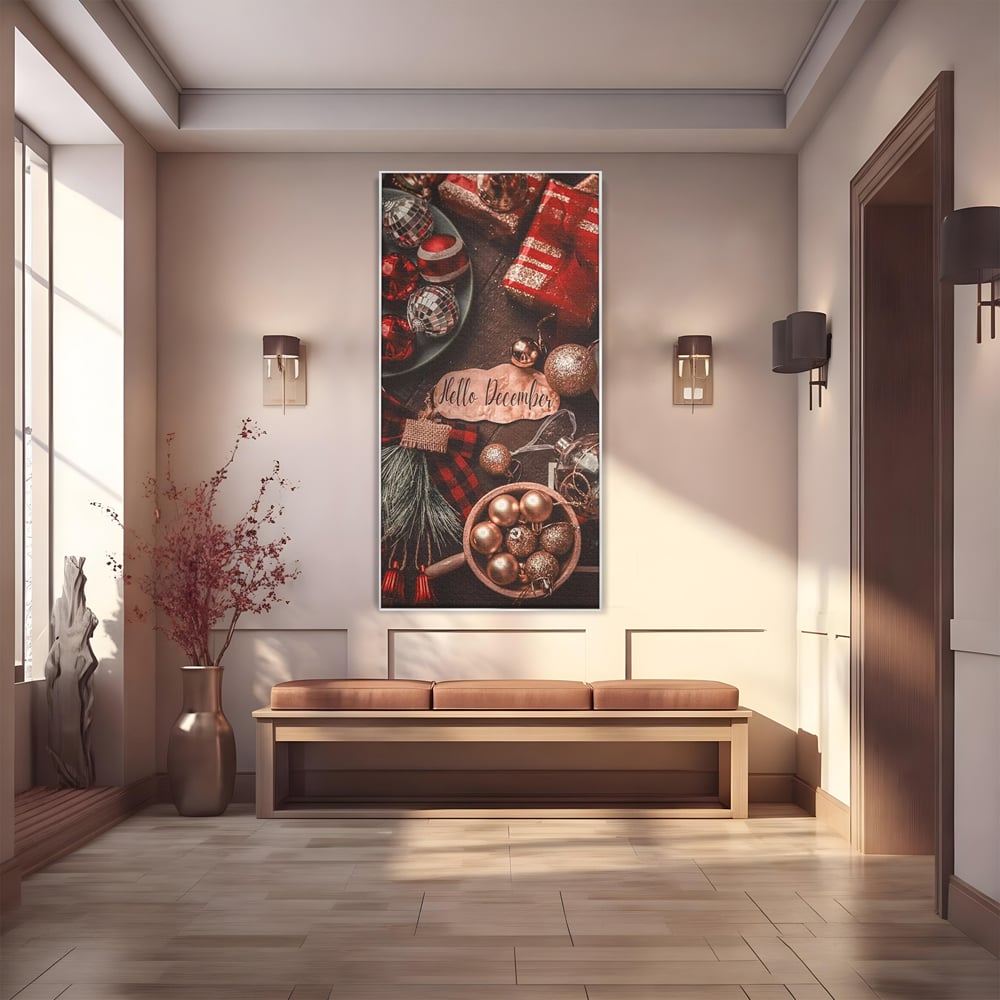 Tablou canvas cu tablou canvas cu globuri si cadouri, in rama de aluminiu argintiu